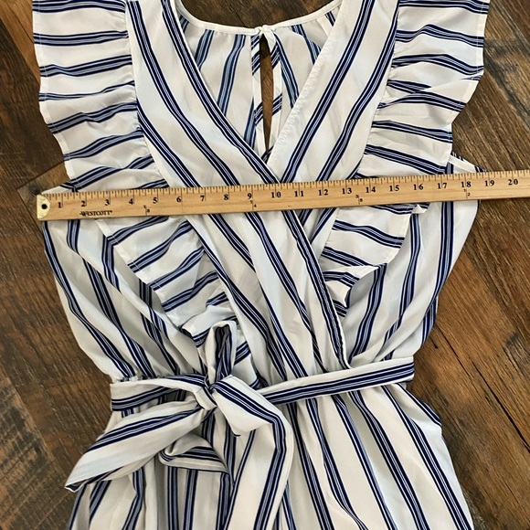 Blue and White Striped Jumpsuit with Ruffled Shoulders and Tie Waist - Picture 11 of 13